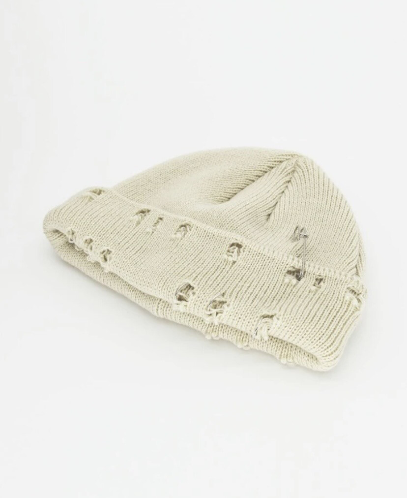 Beige Safety Pin And Rugged Knitted Hat