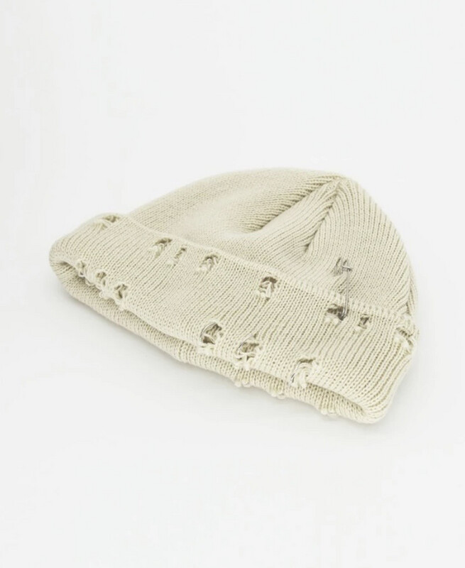 Beige Safety Pin And Rugged Knitted Hat