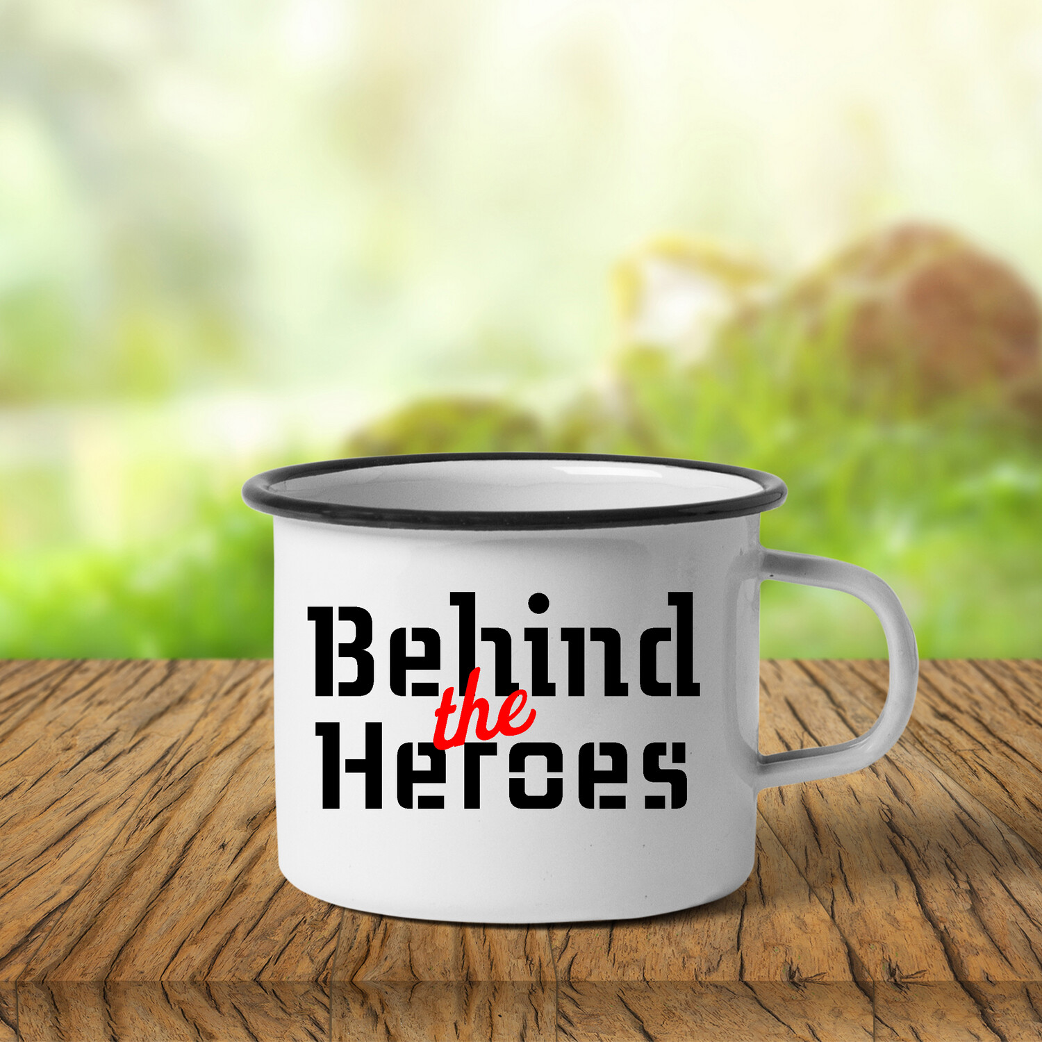 Behind the Heroes metal camping mug