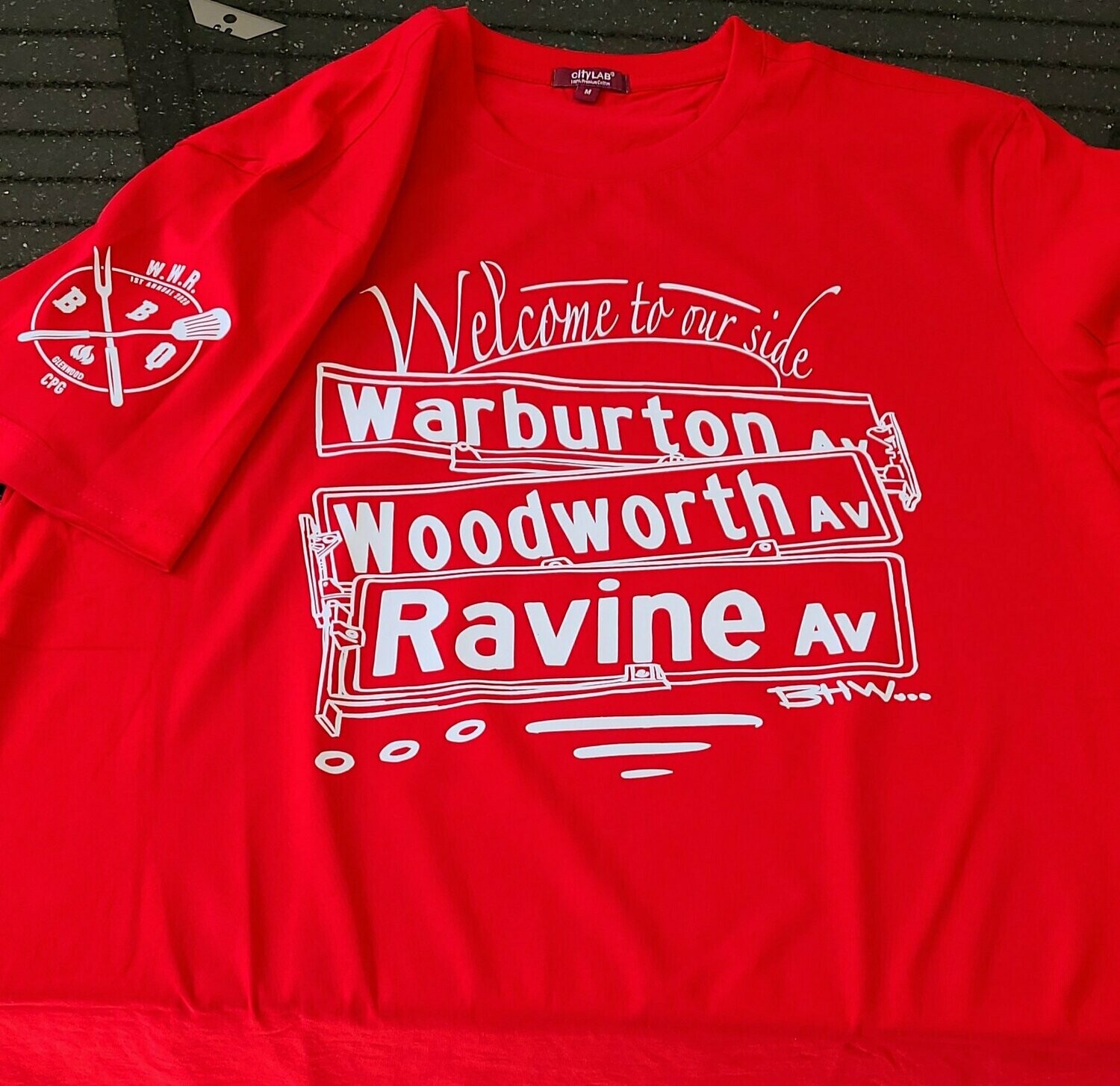 WWR red shirt front and sleeve design