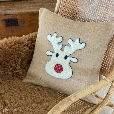 Unique Christmas Cushion: raised reindeer head on jute fabric