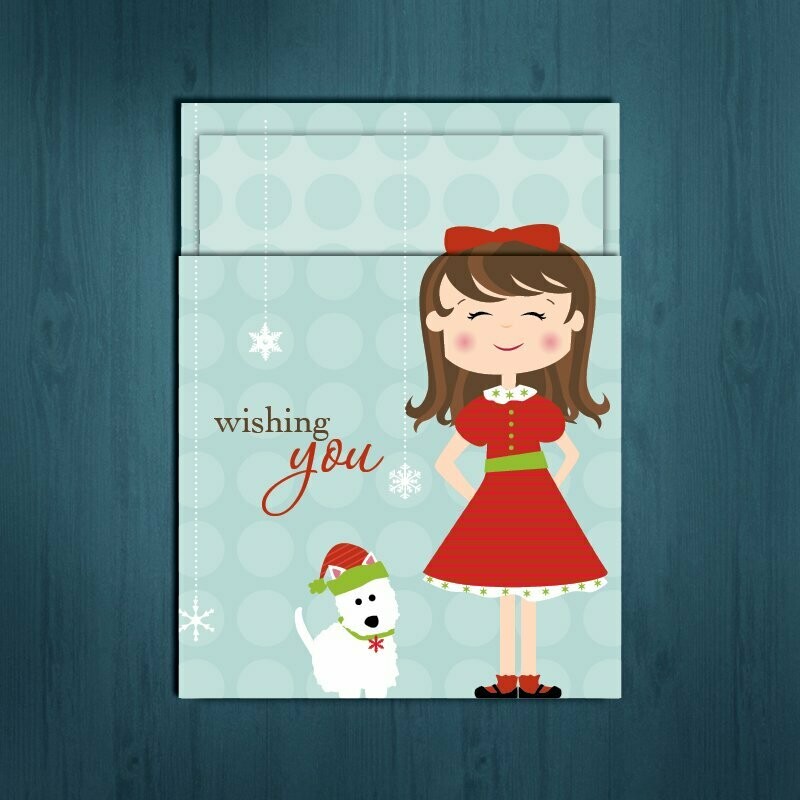 Holiday Surprise  /   Little Girl, White Terrier  /    6 cards for $2.50 ea