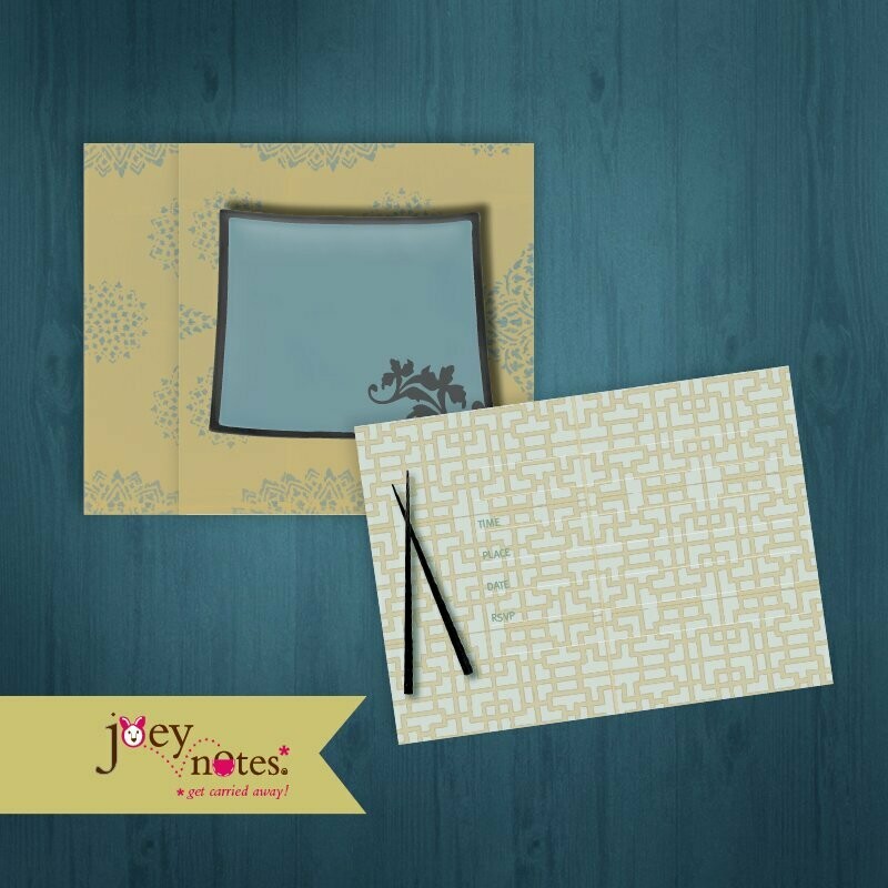 Chopsticks Place setting: Recipe Cards or Fill-in Invitation - Set of 8 recipe cards and envelopes tied with a raffia