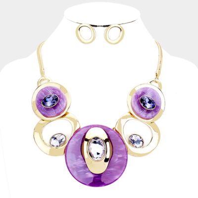 Purple Acetate Glass Stone Necklace Set in Goldtone Setting