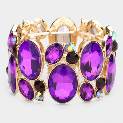 Purple Oval Crystal & Rhinestone Stretch Bracelet