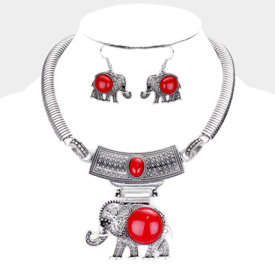 Natural Red Stone Embossed Silvertone Elephant Necklace Set
