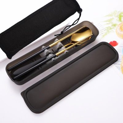Gold and Black Metal Travel Cutlery Set in Black Carry Box