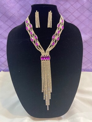Purple Crystal Rhinestone V Necklace Set