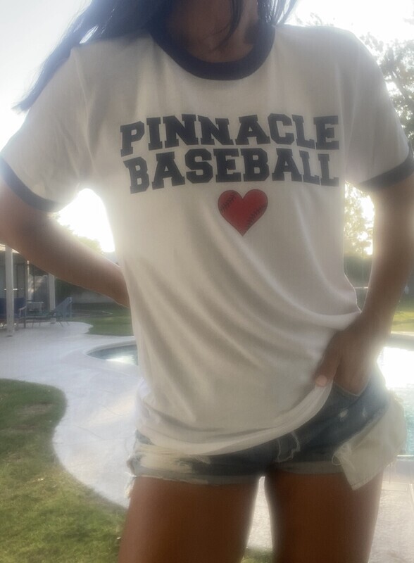 Pinnacle Baseball white ringer tee with navy blue or red rings