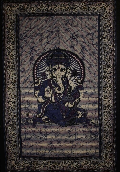 Purple &amp; Blue Ganesha Holding Lotus Flower In Batik Style Tie Dye