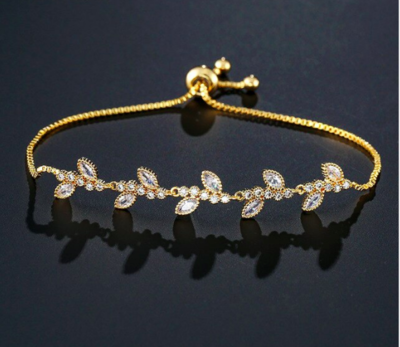 CZ Delicate Leaf Charm Adjustable Bracelet
