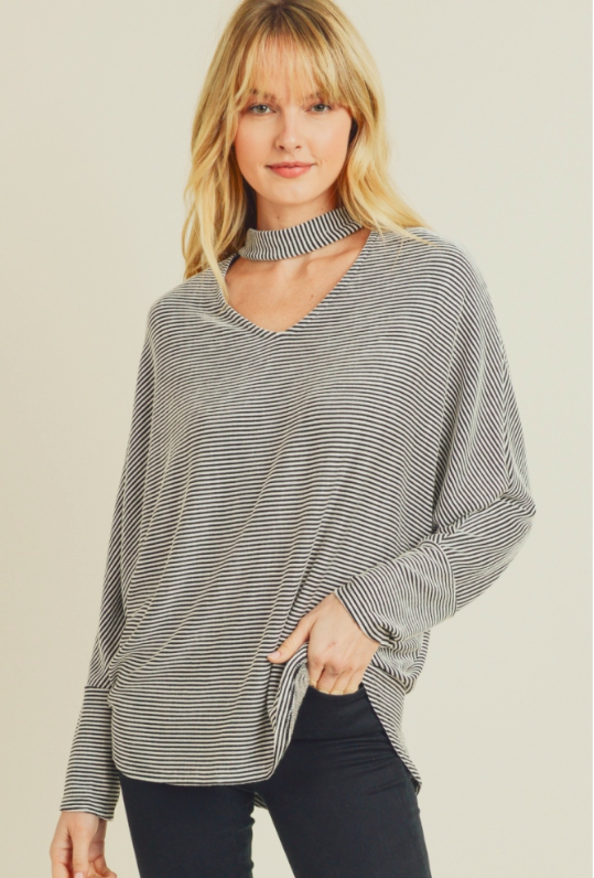 Black &amp; White Striped Top Mock Neck