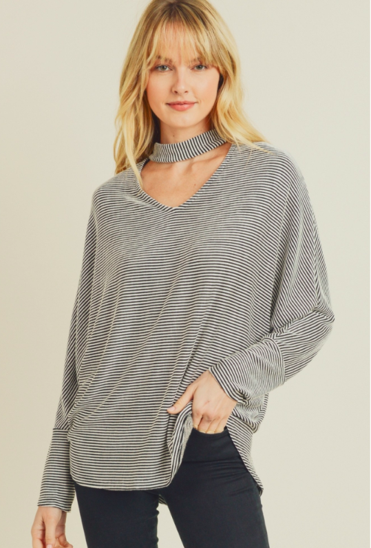 Black & White Striped Top Mock Neck