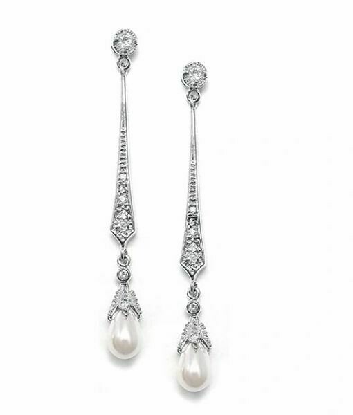 Round CZ Long Bar Drop Faux Pearl Formal Earring