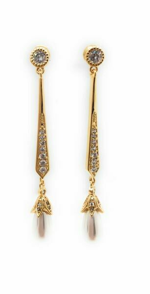 Round CZ Long Bar Drop Faux Pearl Formal Earring