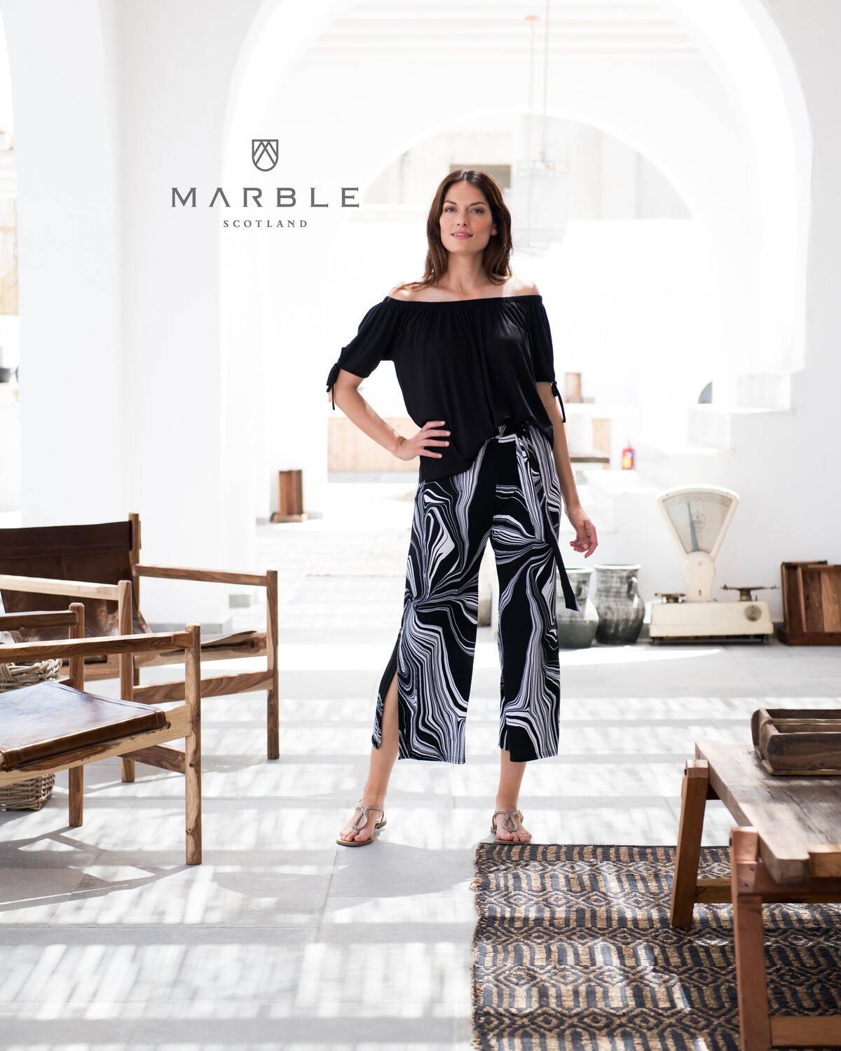 Black and White Ankle Pant with Side Slit