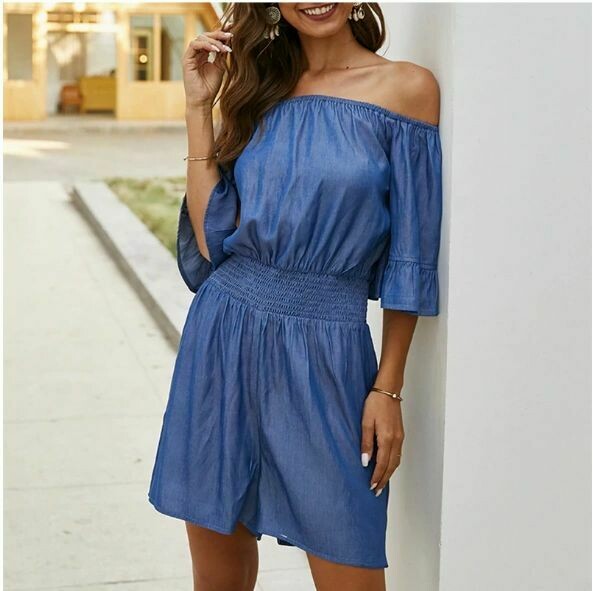 Blue Denim Look Off the Shoulder Romper