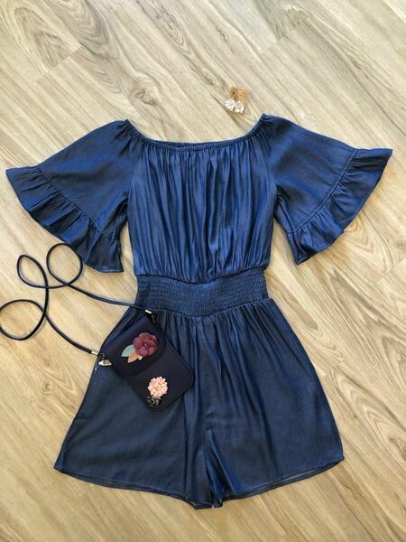 Blue Denim Look Off the Shoulder Romper