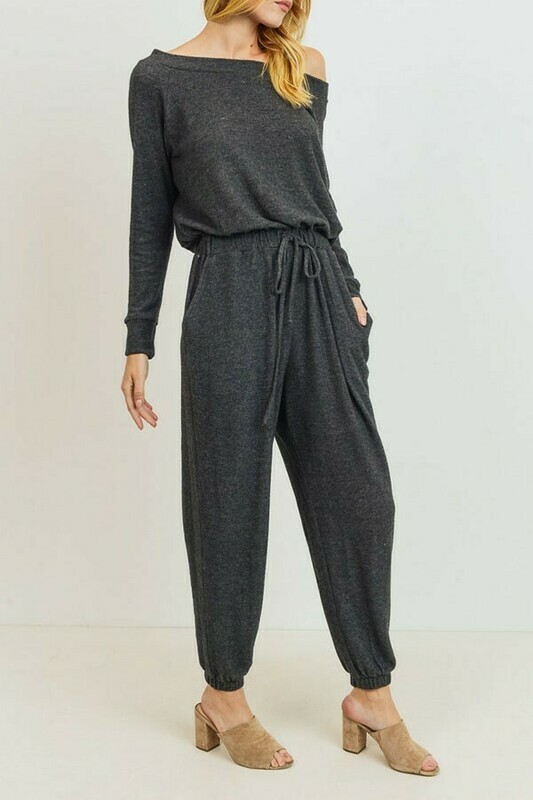 Charcoal Off  Shoulder Knit Lounge Jumpsuit