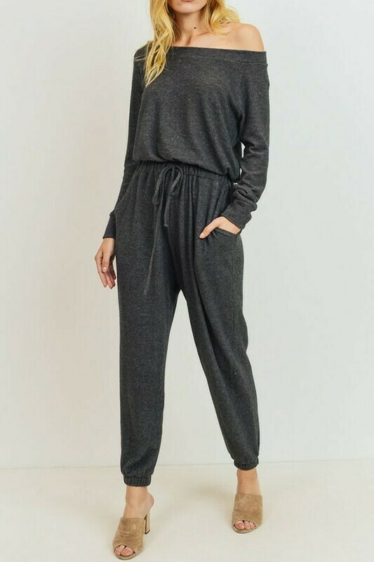 Charcoal Off  Shoulder Knit Lounge Jumpsuit