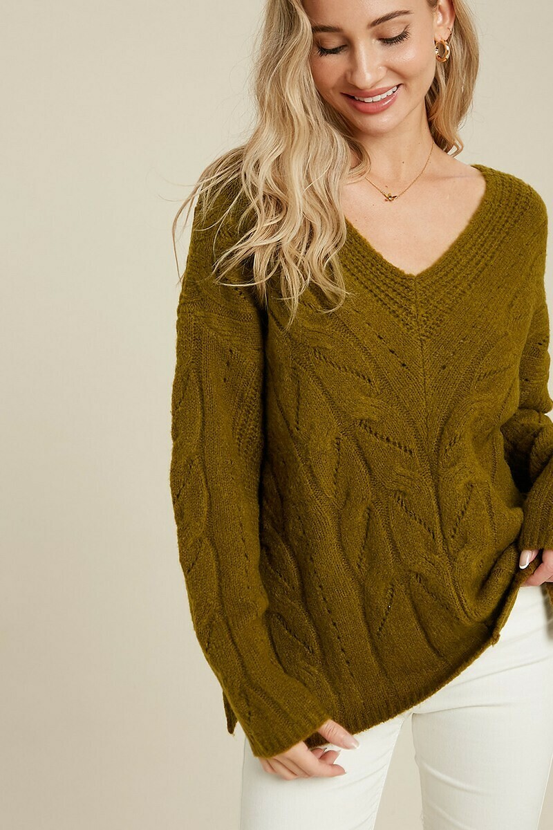 Olive V Neck Cable Knit Pullover Sweater