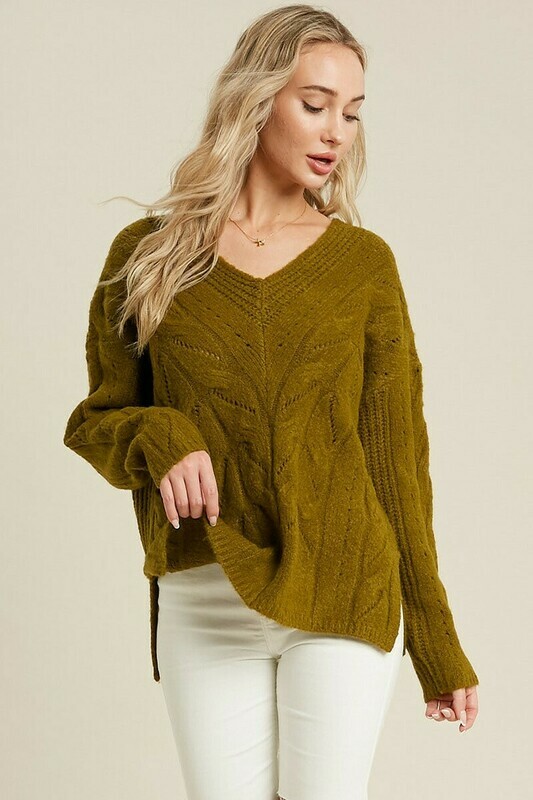 Olive V Neck Cable Knit Pullover Sweater