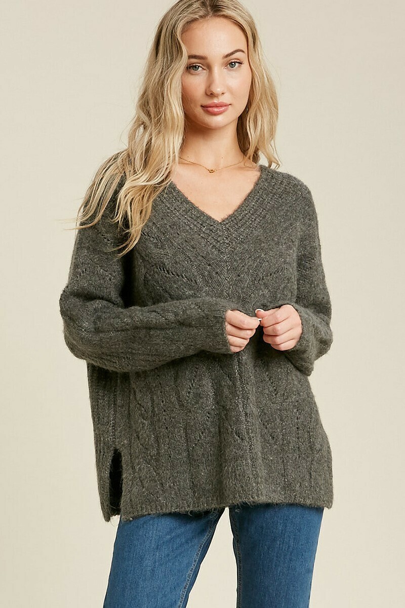 Charcoal V Neck Cable Knit Pullover Sweater