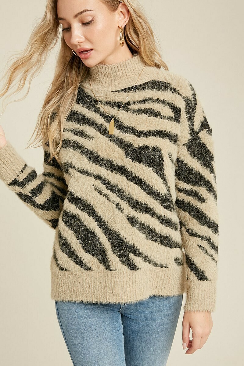 Taupe Fuzzy Mock Neck Zebra Sweater 