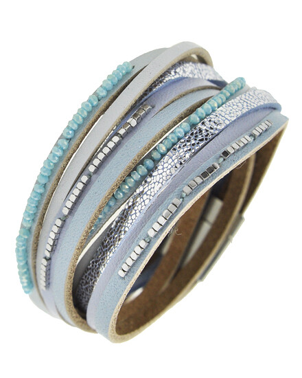 Matt Silver Grey Blue Leather Wrap Shimmer Bracelet