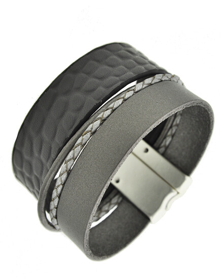 Grey Leather Matt Silver Multi Strand Magnetic Bracelet