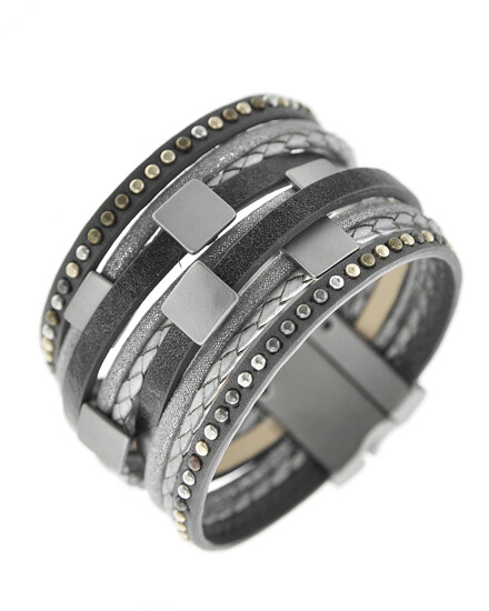 Gunmetal Metal Accented Grey Leather Magnetic Bracelet