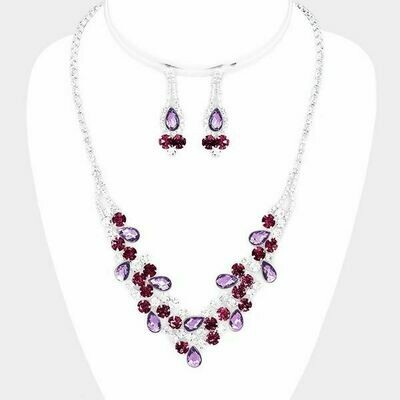 Silver and Purple Floral Crystal Teardrop Necklace Set