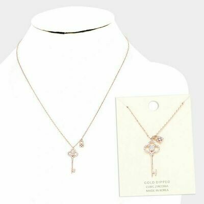 Gold Dipped CZ Key Lock Pendant Necklace