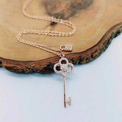Gold Dipped CZ Key Lock Pendant Necklace