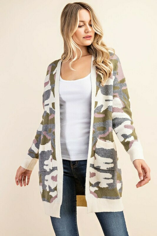 Ivory Camo Open Front Pocket Long Cardigan