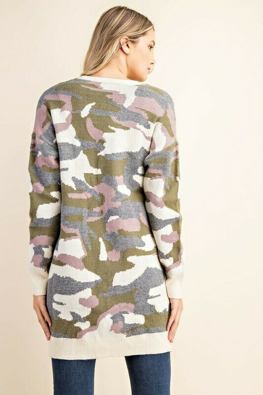 Ivory Camo Open Front Pocket Long Cardigan