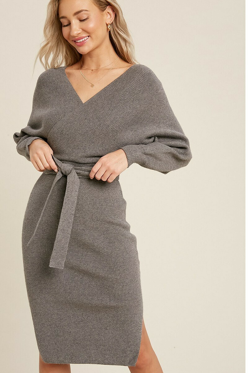 Grey Ribbed Knit Sweater Dress With Belt