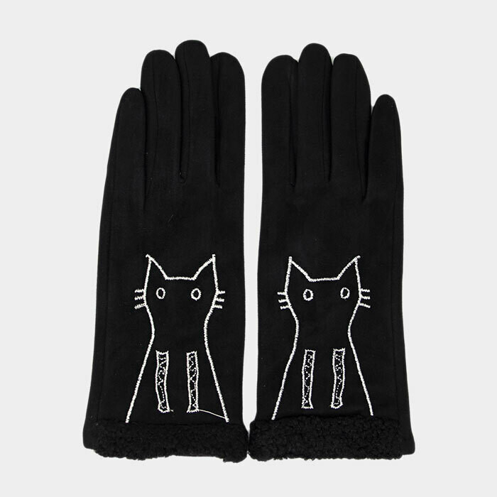 Embroidery Cat Detail Solid Smart Touch Gloves