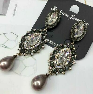 Clear and AB Rhinestone Mocha Pearl Long Earrings