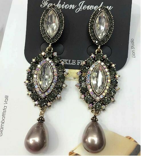 Clear and AB Rhinestone Mocha Pearl Long Earrings