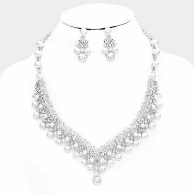 Pave Bubble Stone Pearl Cluster Evening Necklace Set
