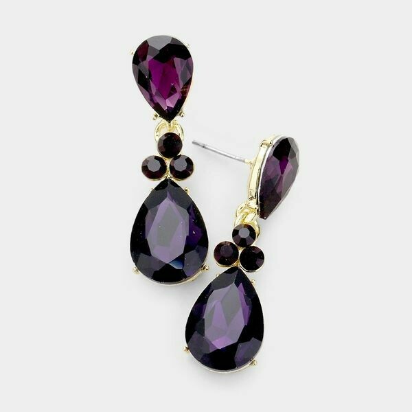 Gold and Purple Double Pear Crystal Earrings