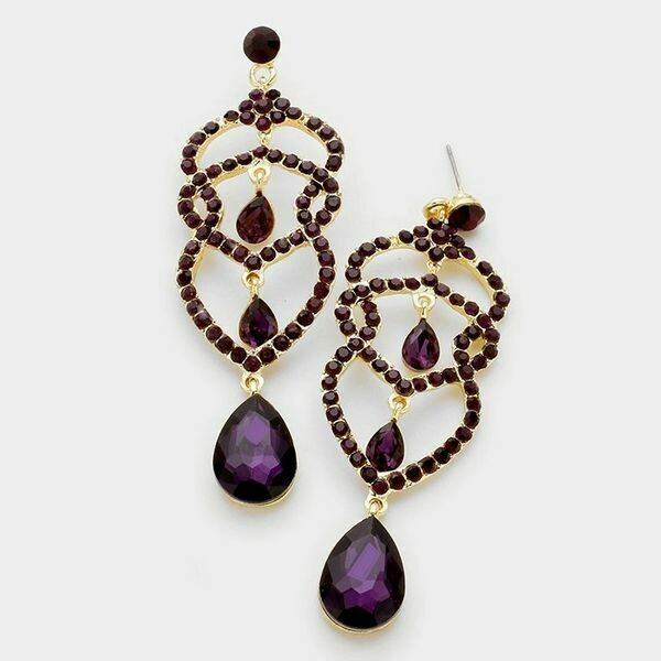 Gold and Purple Crystal Rhinestone Teardrop Dangle Earrings