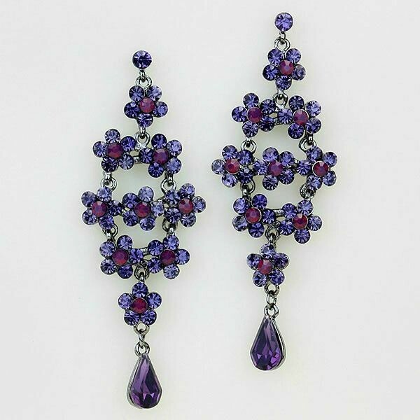 Hematite and Purple Flower Grove Chandelier Earrings