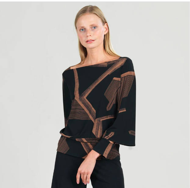 Geo Print Rectangular Boat Neck Peekaboo Cuff Top