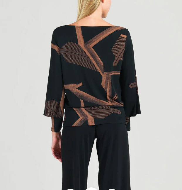 Geo Print Rectangular Boat Neck Peekaboo Cuff Top