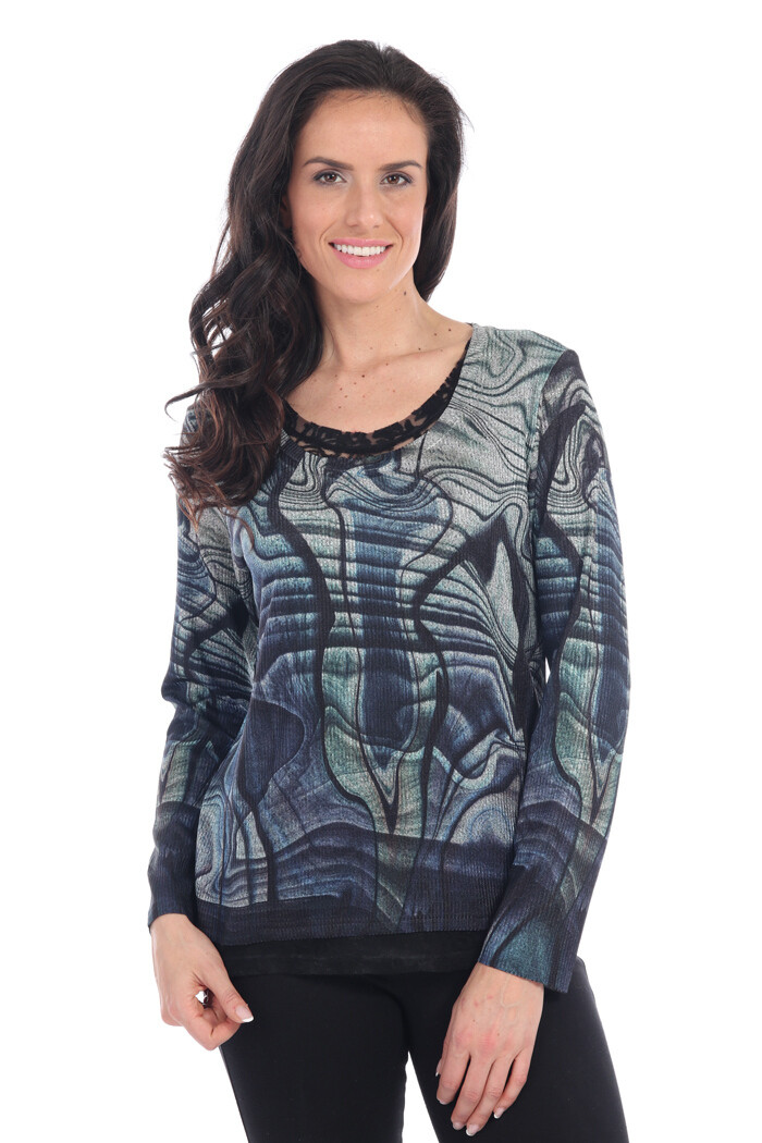 Abstract Print Top with Lace Detail