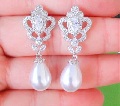 Vintage Pave Pear Top Pearl Drop Earring