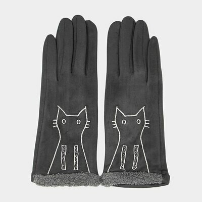 Embroidery Cat Detail Solid Smart Touch Gloves