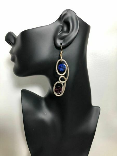 Jeff Lieb Handmade Burnished Gold Drop Earrings with Blue and Purple Swarovski Crystals